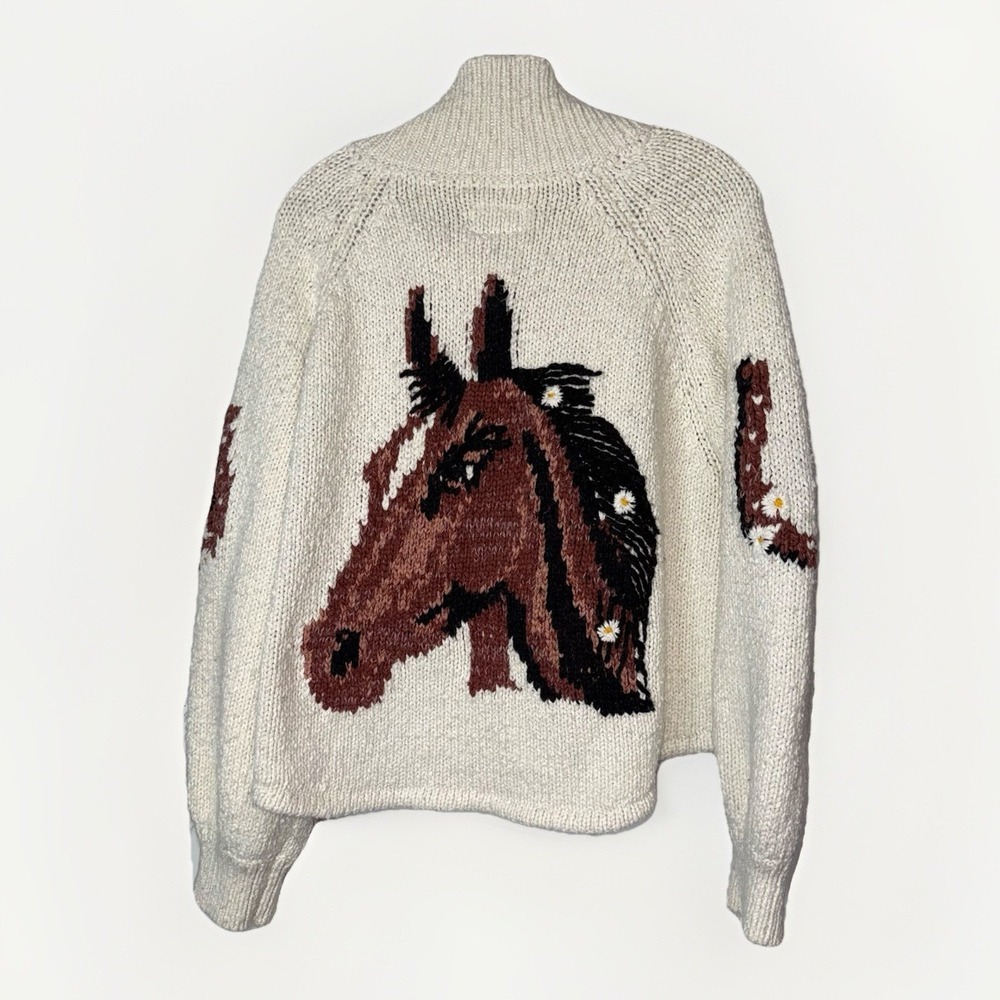 Pilcro Anthropologie Horse Cardigan Sweater Western Equestrian Sz Large *Stain